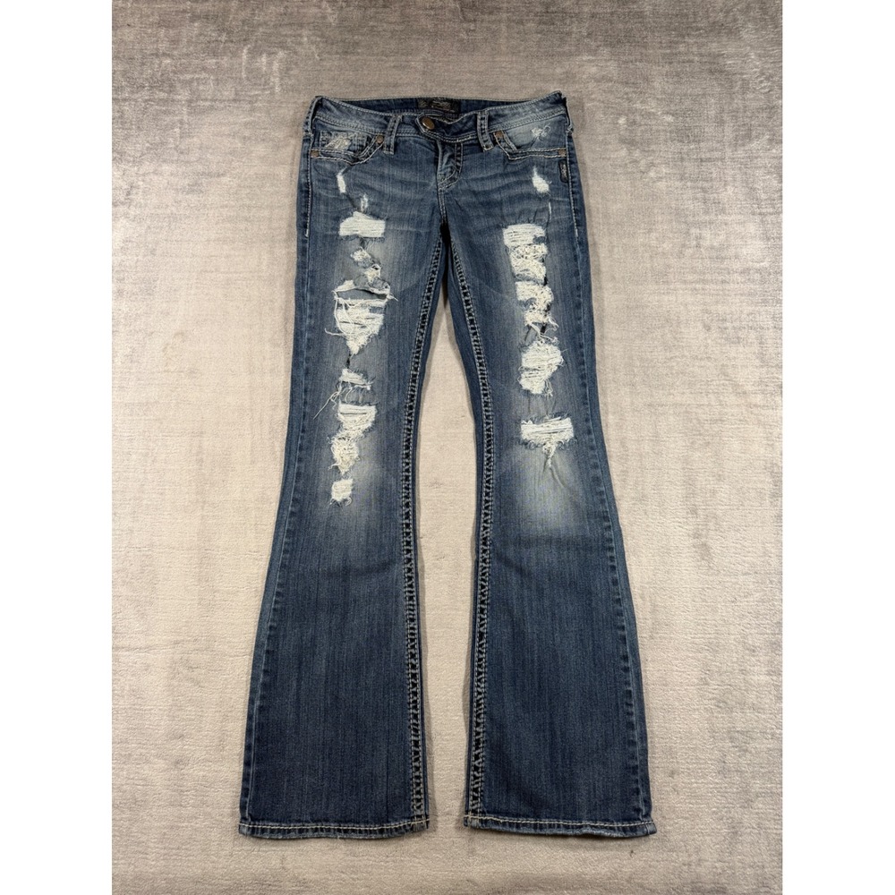 Silver Jeans Women 29x33 Blue Tuesday Y2K Distressed Low Rise Flare L1525SDA263